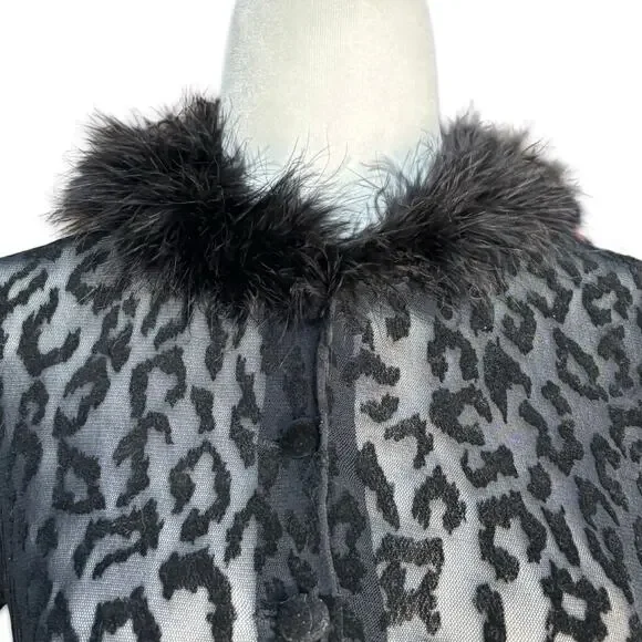 Vintage Ann Ferriday Leopard Print Lace Top Faux Fur Collar Sheer Black Gothic - Picture 2 of 10